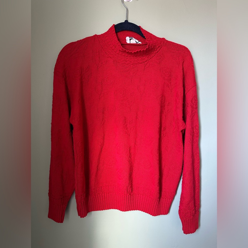 VTG Keneth Too Medium Made In The USA Red Knit Roses Sweater Pull Over Holiday